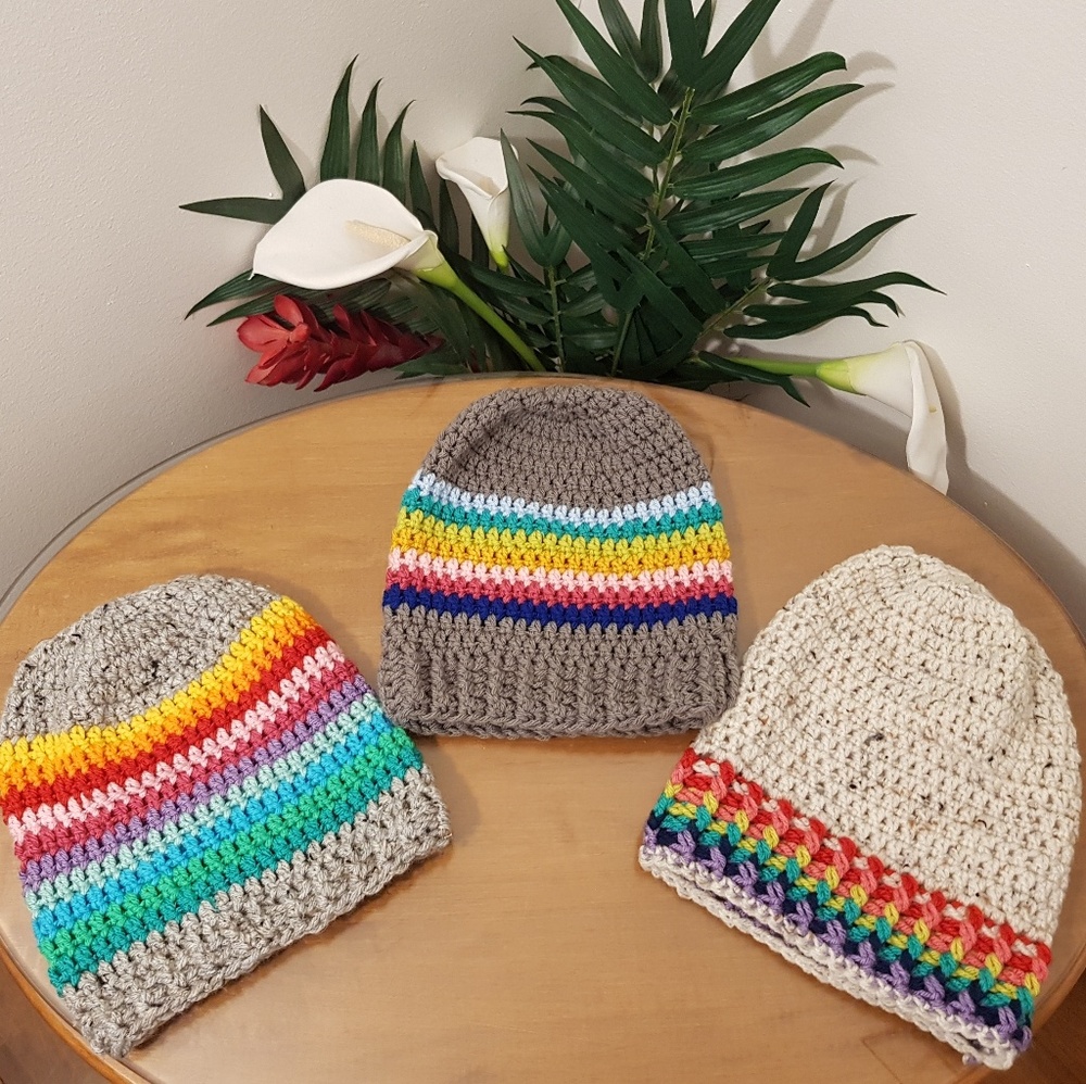 Handmade Knit Hats with Rainbow Stripes, Slouchy